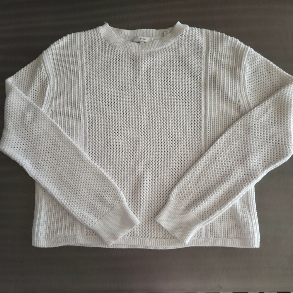 Vince Ivory White Mixed Texture Ribbed Knit Crewneck Sweater Large